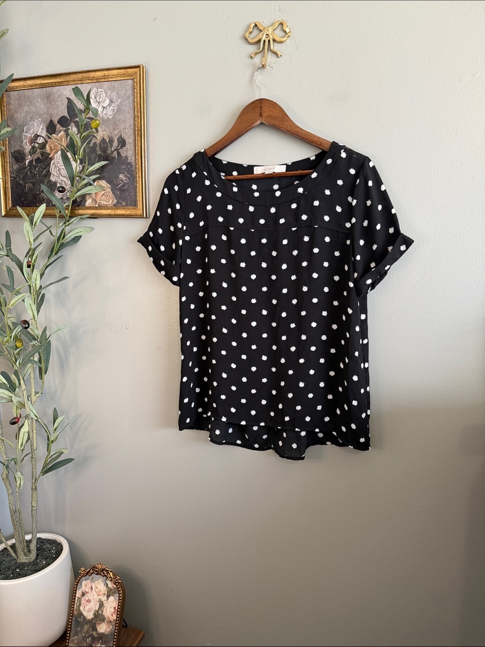 LOFT Black White Polka Dot Cuffed Sleeve Blouse Top XS - Picture 2 of 8